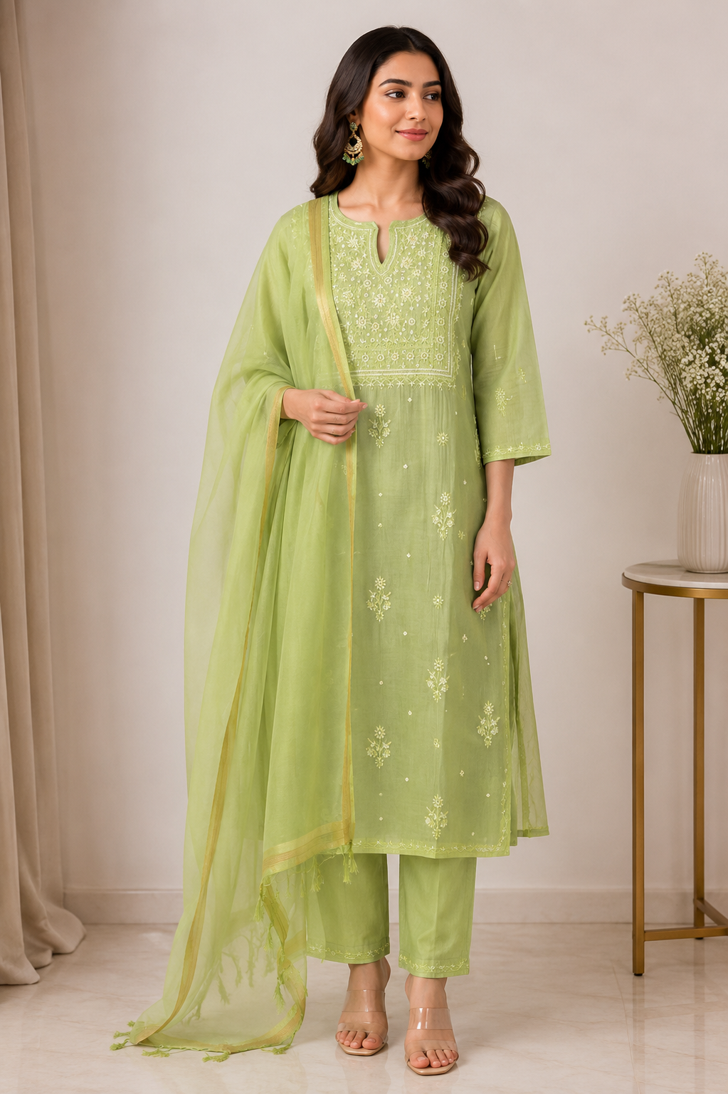 Pistachio Grace – Pure Mul Chanderi 3-Piece Suit Set