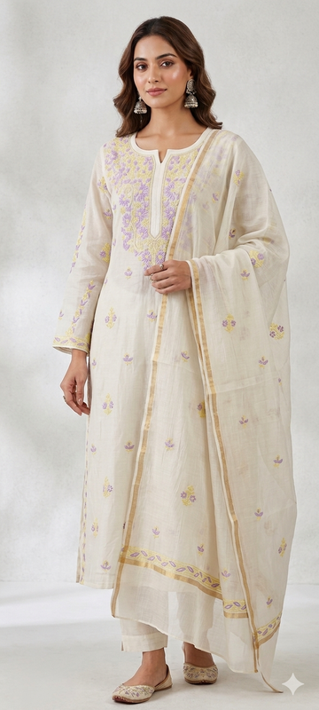 Lavender Noor-Semi Stitched Hand Embroidered Pure Mul Chanderi Kurta Dupatta Set