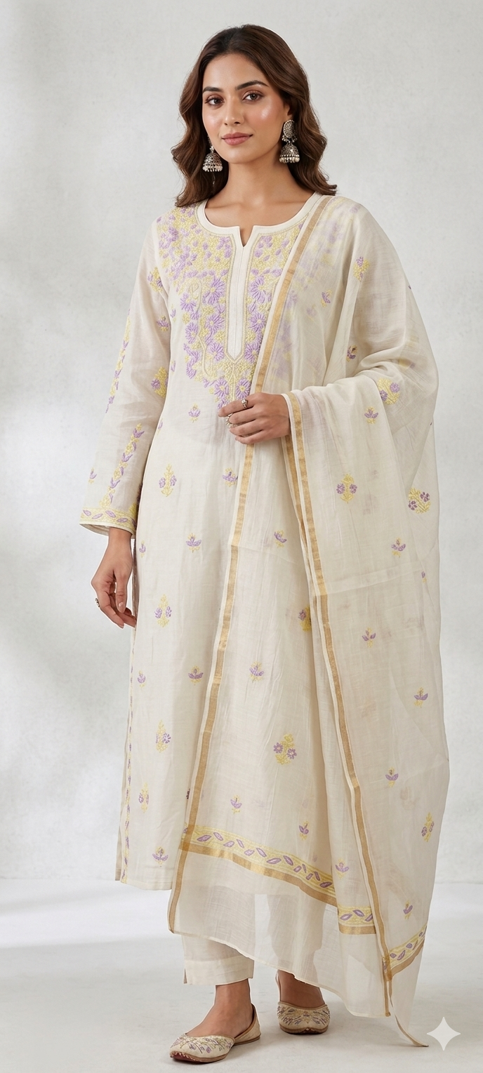 Lavender Noor-Semi Stitched Hand Embroidered Pure Mul Chanderi Kurta Dupatta Set