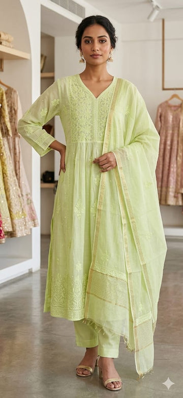 Noor Lime – Semi Stitched Hand Embroidered Mul Chanderi Kurta Dupatta Set