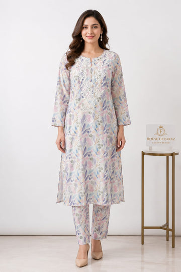 Pastel Petals – Printed Chikankari Co-Ord Set