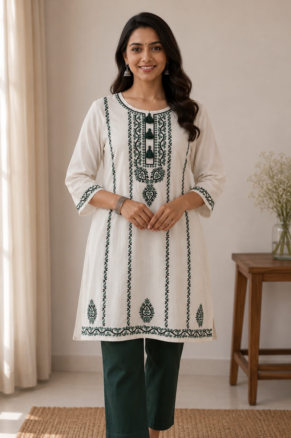 Ivory Linen Hand Embroidered Short Kurta