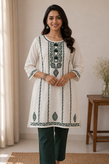Ivory Linen Hand Embroidered Short Kurta