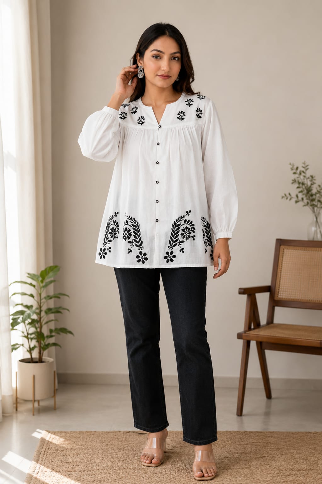 Noir Blossom Cotton Slub Embroidered Shirt