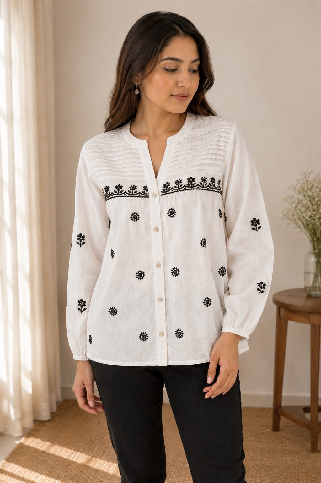 Midnight Bloom Cotton Slub Embroidered Shirt