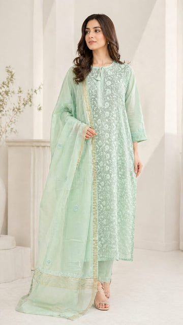 Mint Noor-Pure Mul Chanderi Self-Design Embroidered Kurta Set