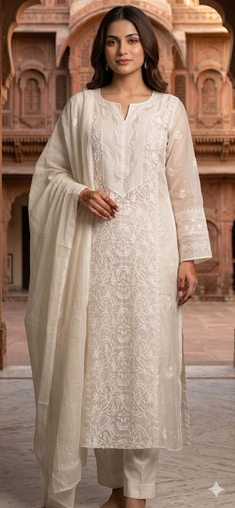 Noor-e-Ivory Semi-Stitched Mul Chanderi Kurta & Dupatta Set