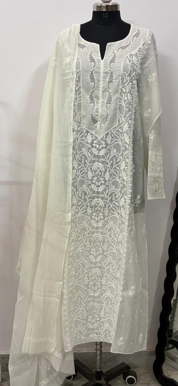 Noor-e-Ivory Semi-Stitched Mul Chanderi Kurta & Dupatta Set