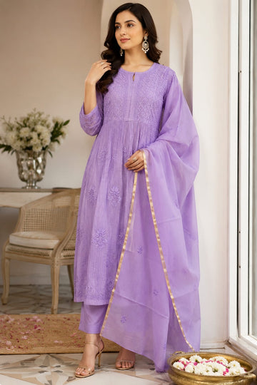Lavender Noor- Pure Mul Chanderi Semi-Stitched Suit