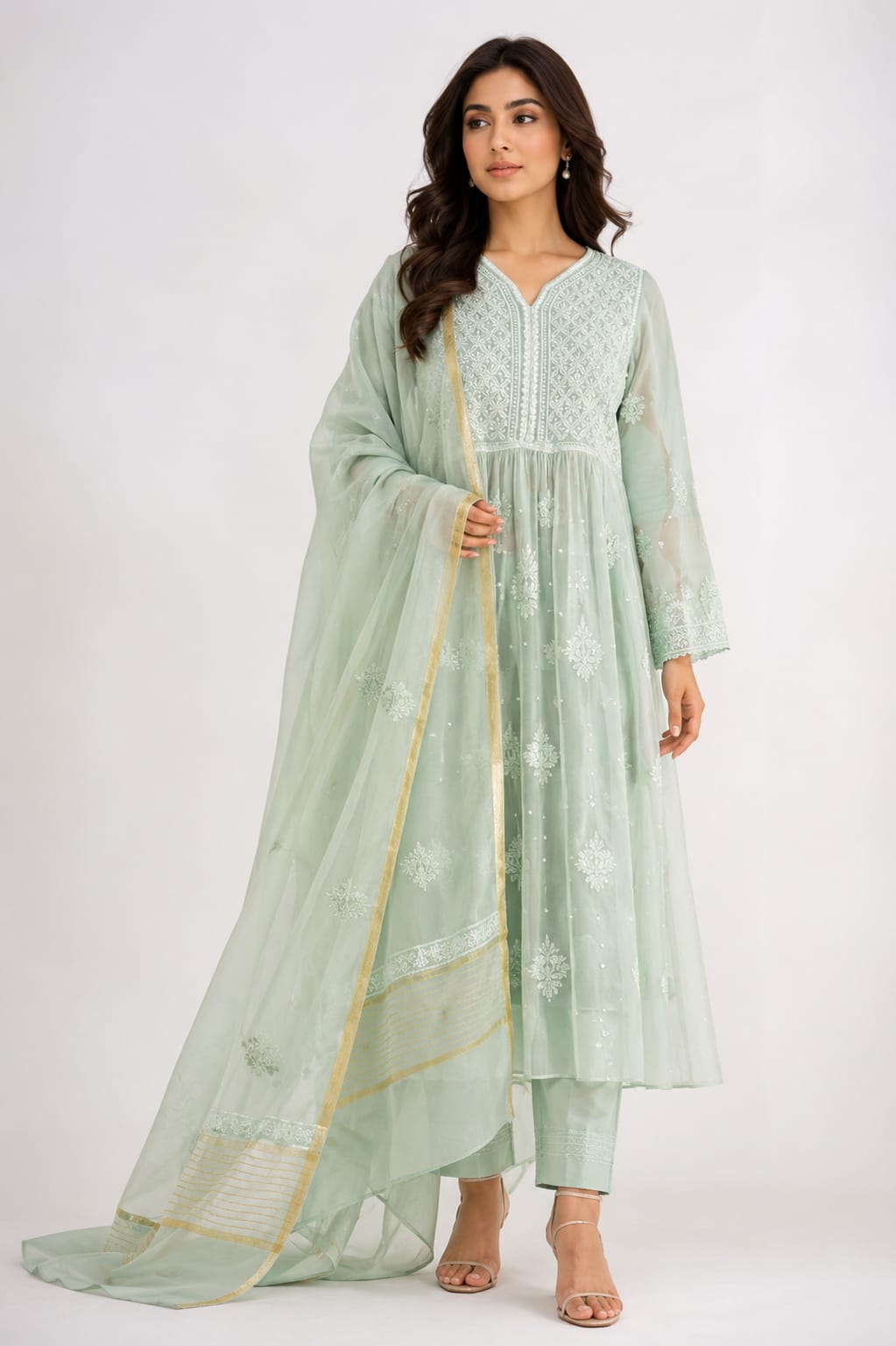 Mint Mehar-Semi-Stitched Mul Chanderi Kurta & Dupatta Set