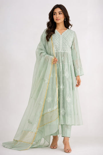 Mint Mehar-Semi-Stitched Mul Chanderi Kurta & Dupatta Set