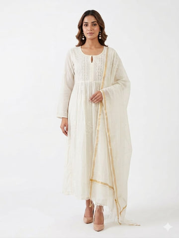 Noor Afsana – Semi Stitched Hand Embroidered Mul Chanderi Kurta Dupatta Set