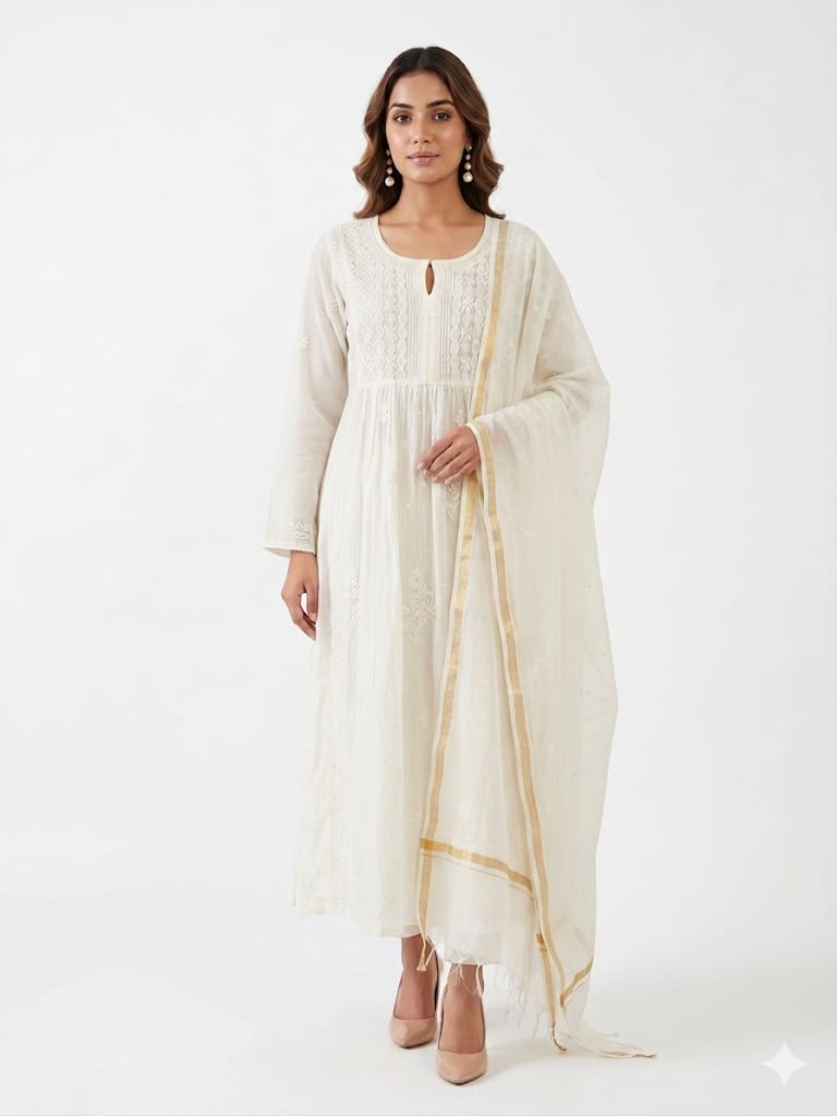Noor Afsana – Semi Stitched Hand Embroidered Mul Chanderi Kurta Dupatta Set