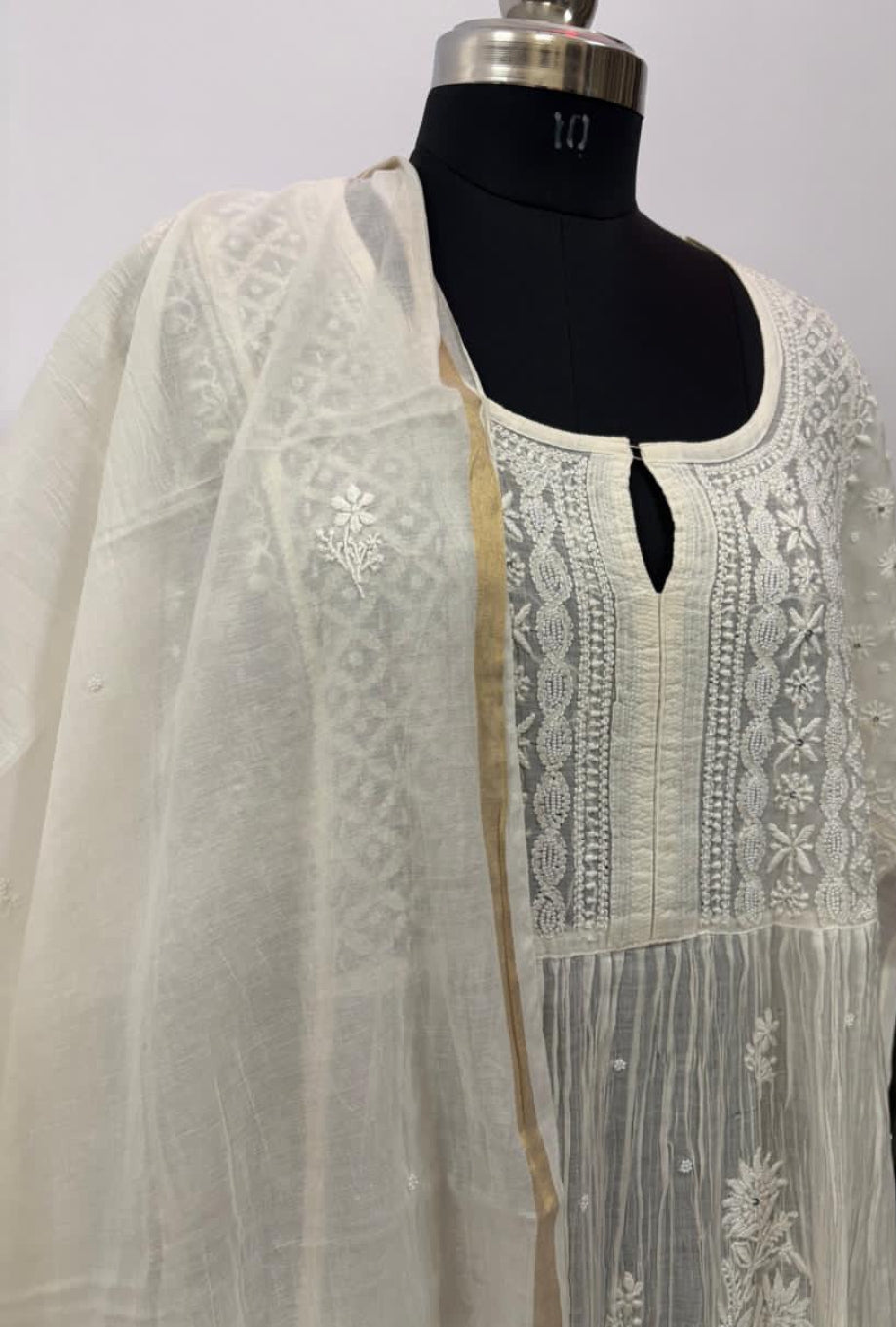 Noor Afsana – Semi Stitched Hand Embroidered Mul Chanderi Kurta Dupatta Set