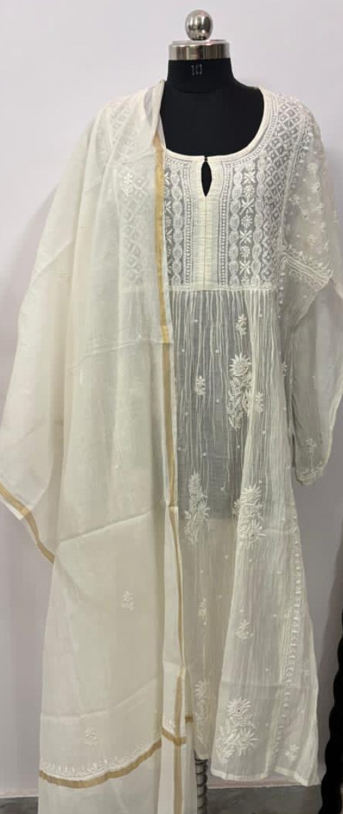 Noor Afsana – Semi Stitched Hand Embroidered Mul Chanderi Kurta Dupatta Set