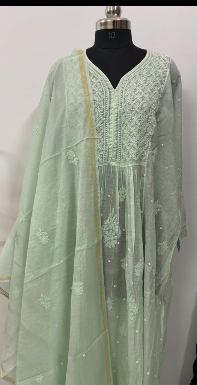 Mint Mehar-Semi-Stitched Mul Chanderi Kurta & Dupatta Set