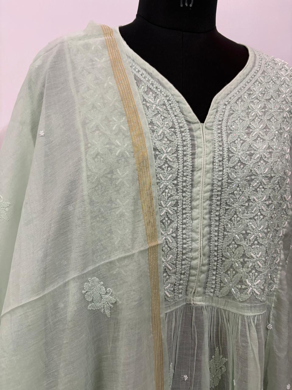 Mint Mehar-Semi-Stitched Mul Chanderi Kurta & Dupatta Set