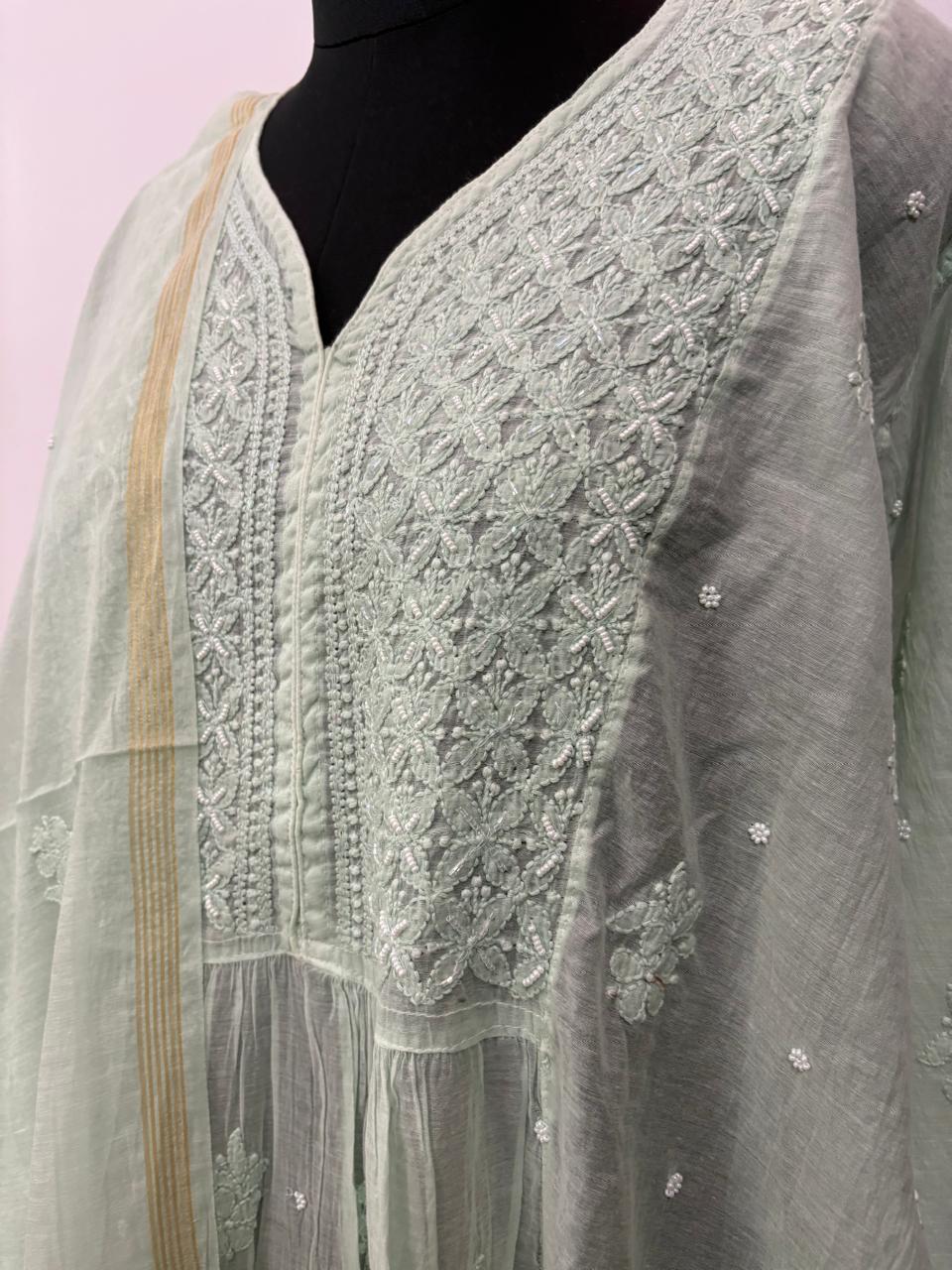 Mint Mehar-Semi-Stitched Mul Chanderi Kurta & Dupatta Set