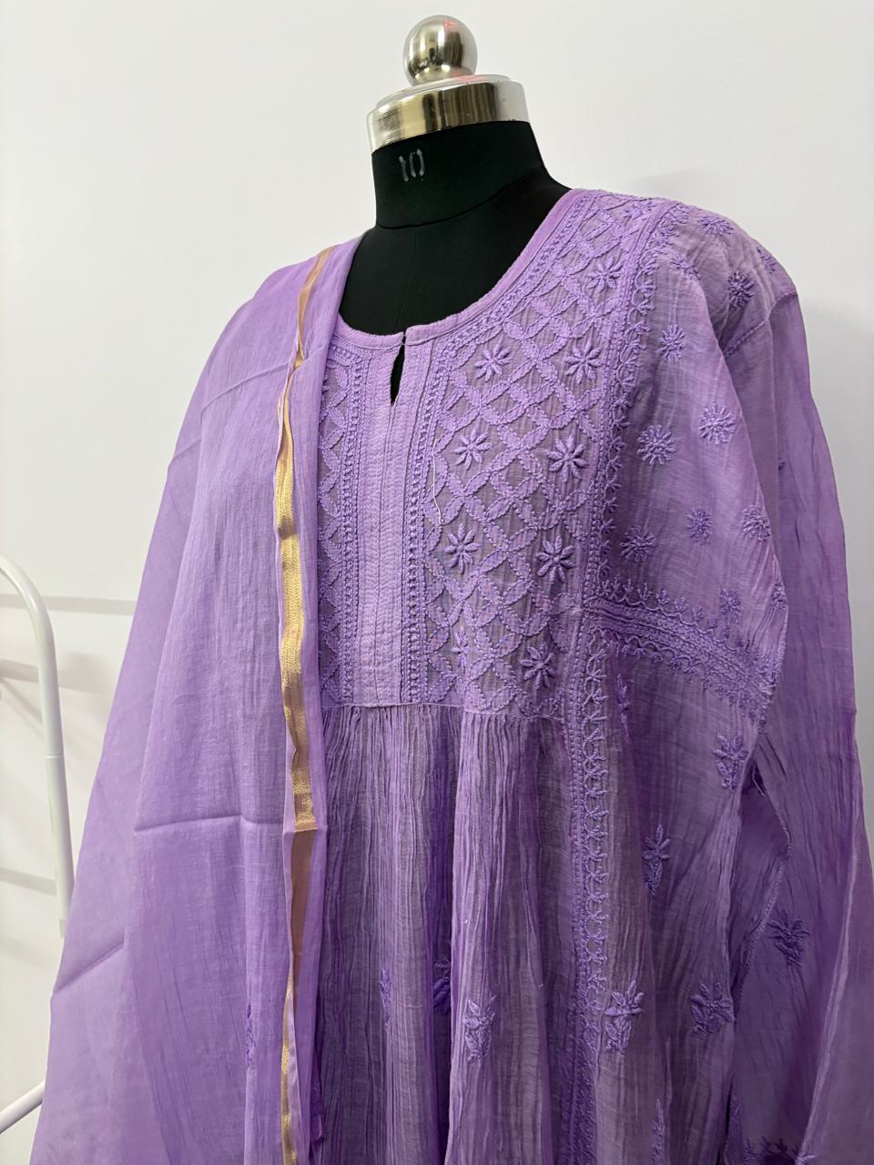 Lavender Noor- Pure Mul Chanderi Semi-Stitched Suit