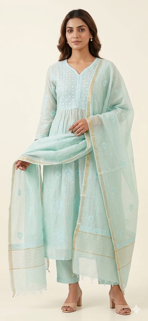 Noor Ferozi – Semi Stitched Mul Chanderi Kurta Dupatta Set
