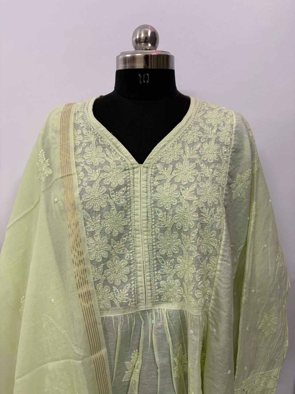 Noor Lime – Semi Stitched Hand Embroidered Mul Chanderi Kurta Dupatta Set