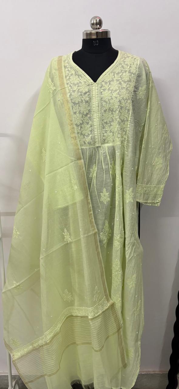 Noor Lime – Semi Stitched Hand Embroidered Mul Chanderi Kurta Dupatta Set