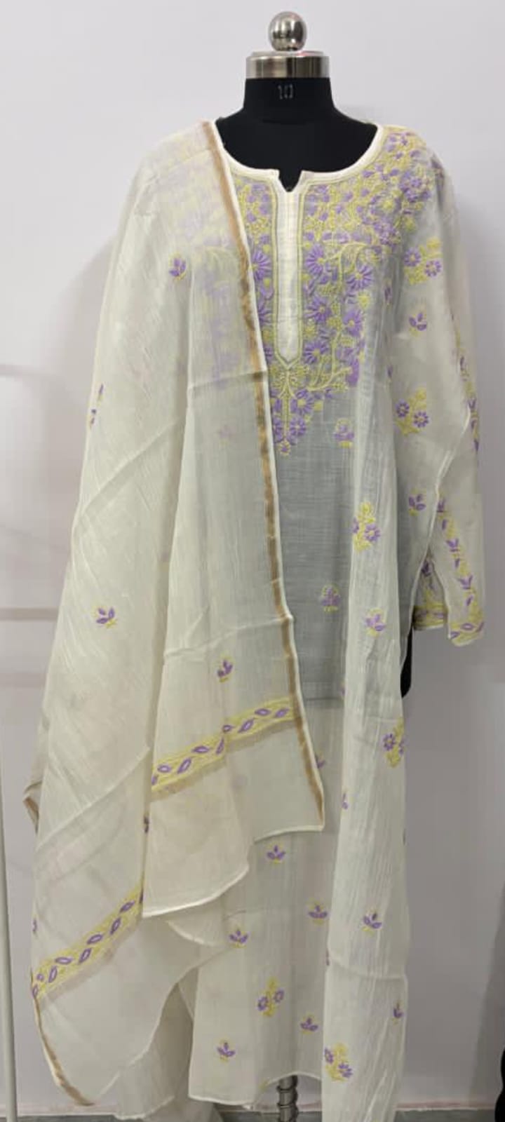 Lavender Noor-Semi Stitched Hand Embroidered Pure Mul Chanderi Kurta Dupatta Set