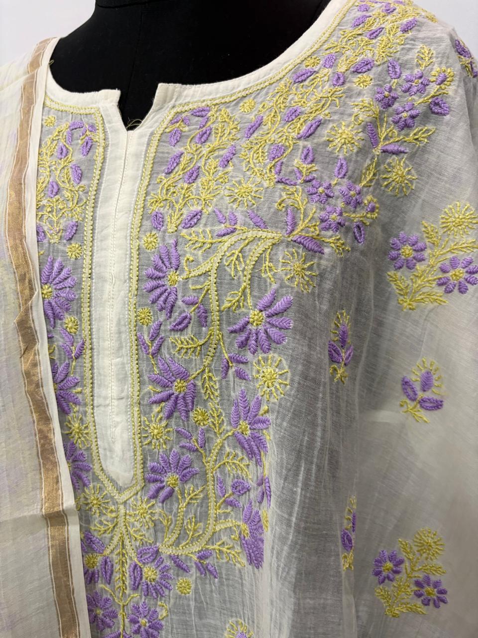 Lavender Noor-Semi Stitched Hand Embroidered Pure Mul Chanderi Kurta Dupatta Set