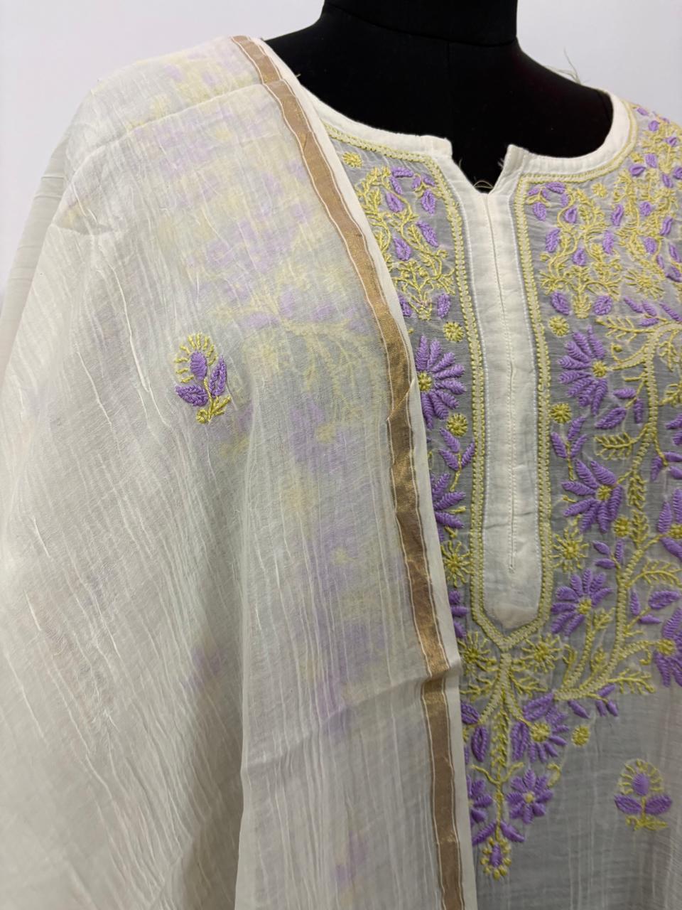 Lavender Noor-Semi Stitched Hand Embroidered Pure Mul Chanderi Kurta Dupatta Set