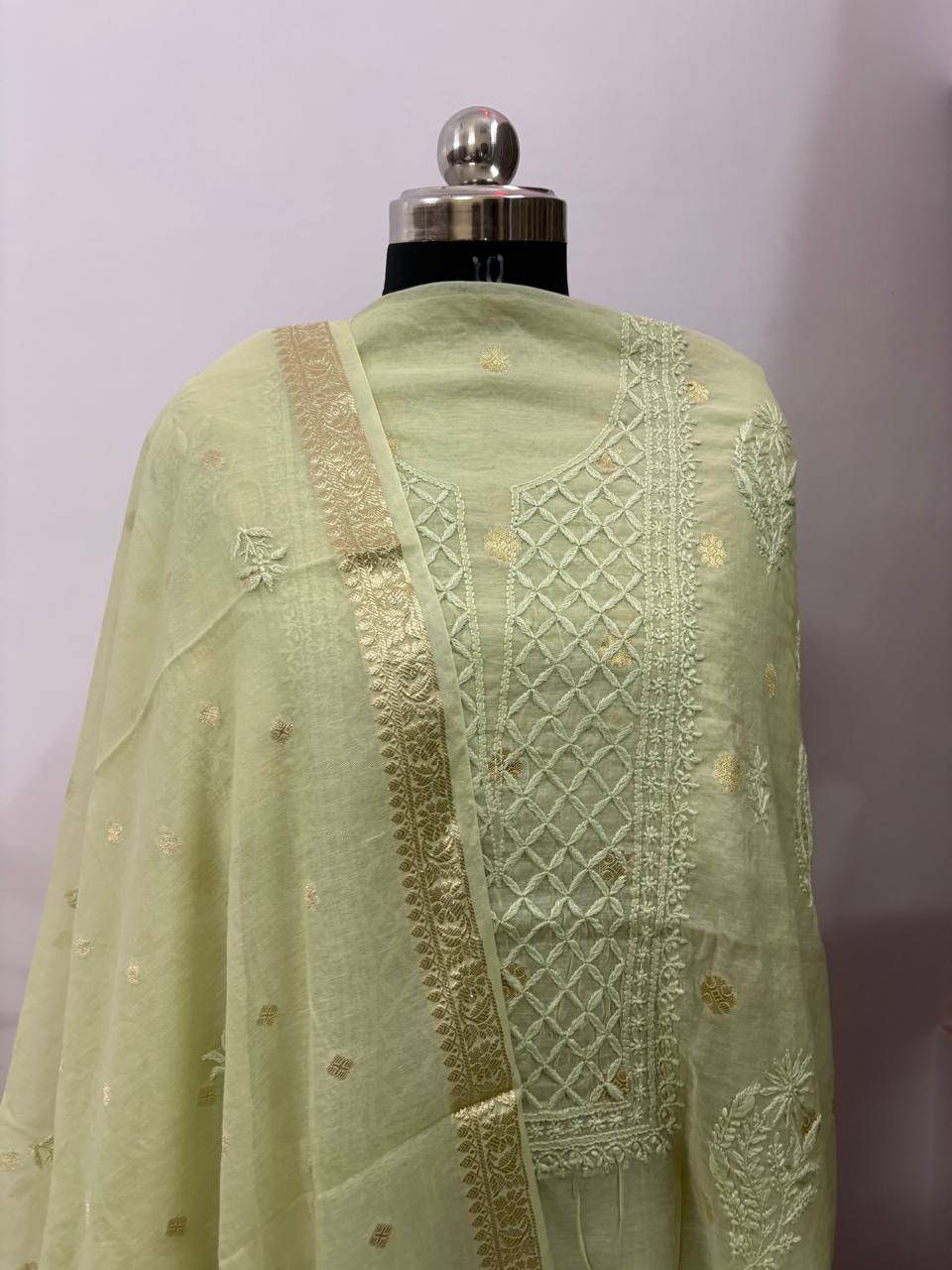 Noor Lime – Pure Banarsi Mul Chanderi Unstitched Kurta Dupatta Set
