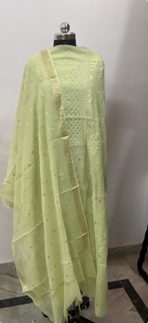 Noor Lime – Pure Banarsi Mul Chanderi Unstitched Kurta Dupatta Set