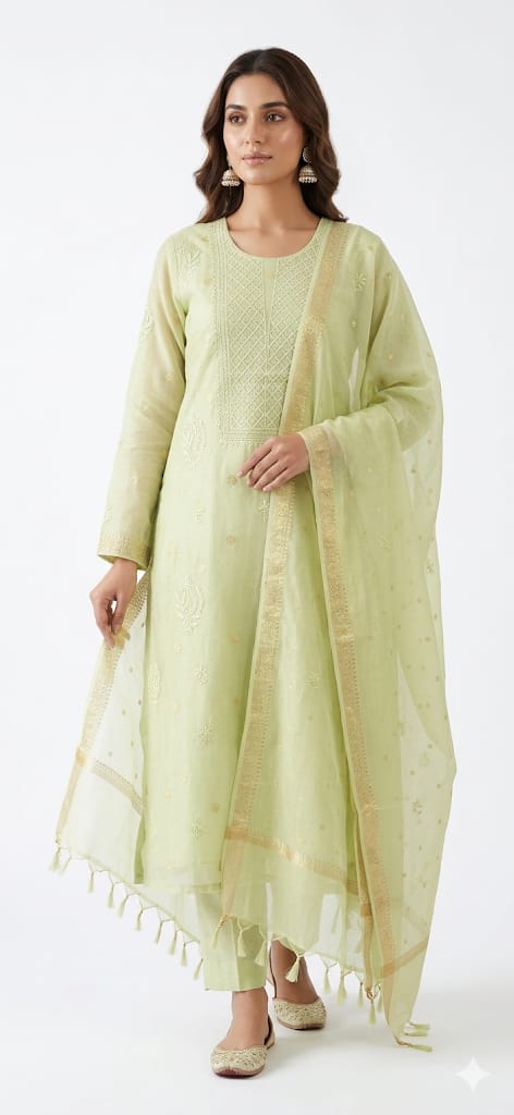 Noor Lime – Pure Banarsi Mul Chanderi Unstitched Kurta Dupatta Set