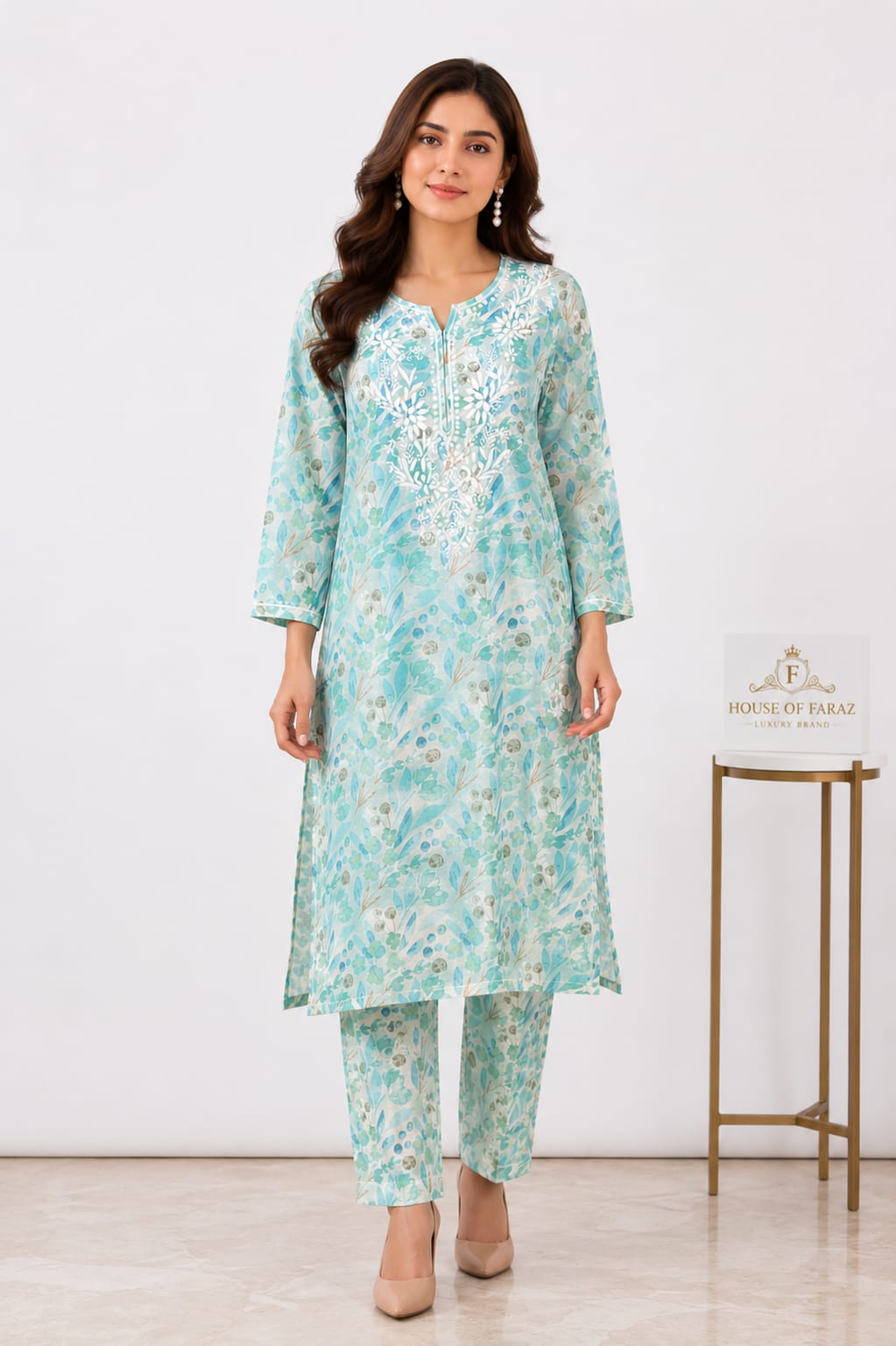 Aqua Blossom – Printed Chikankari Co-Ord Set