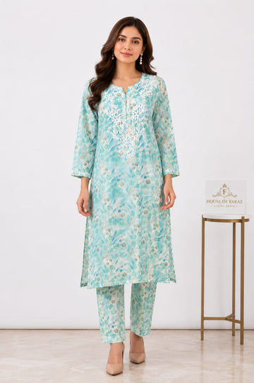 Aqua Blossom – Printed Chikankari Co-Ord Set